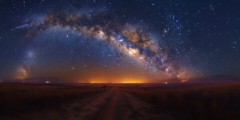 The sky above the rural area, where hundreds of stars shine with a bright light in the dark night