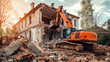 Bulldozer demolishes house. Illegal buildings construction. Plan for the renewal and restoration of residential areas. Illegal construction or demolition of a building. Lawsuit.