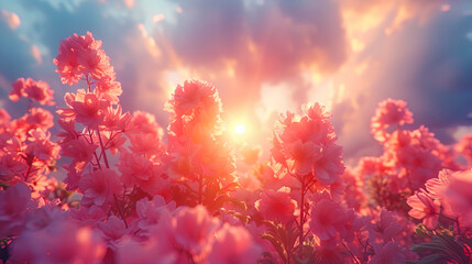 Wall Mural - The sky during dawn, where the first rays of the Sun dissolve clouds, like a flower in an awakenin