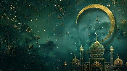 Wall Mural - ramadan banner with copy space, golden crescent and mosque with golden pattern on green background with space for text