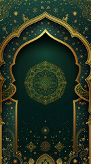 Wall Mural - Ramadan banner with copy space, beautiful gold pattern on green background with space for text