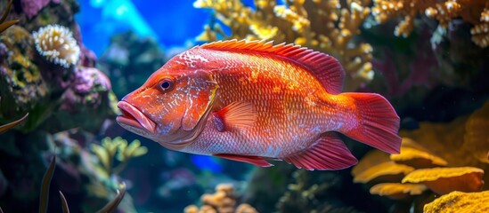 Poster - Colorful exotic fish swimming gracefully in a vividly lit aquarium tank