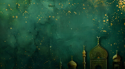 Wall Mural - Ramadan banner with copy space, golden silhouette of mosque on green background with place for text