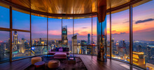 Luxury High-rise Apartment Featuring Modern Furnishings And Sweeping Floor-to-ceiling Windows That Reveal A Dramatic City Skyline At Sunset. A Great Vacation Spot.