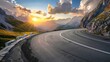 © buraratn - Mountain road at colorful sunset in summer. Dolomites, Italy. Beautiful curved roadway, rocks, stones, blue sky with clouds. Landscape with empty highway through the mountain pass in spring. Travel