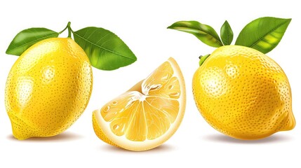 Sticker - ripe lemon fruit with leaves, half and slice isolated, Fresh and Juicy Lemon, collection, cut out