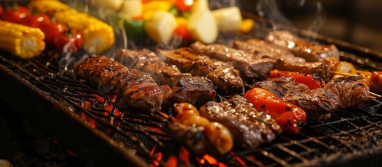 Sticker - Gourmet grilling with assorted meat and vegetables on barbecue grill outdoors