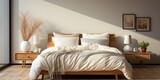 Fototapeta  - Soft cream modern elegant bedroom hotel apartment with light window and cozy pillow and bed scene