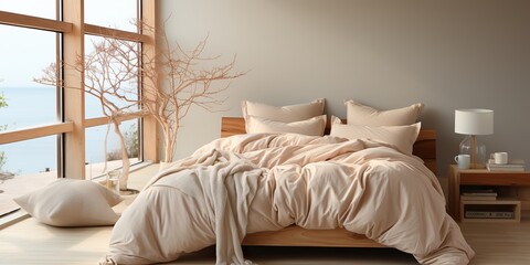 Wall Mural - Soft cream modern elegant bedroom hotel apartment with light window and cozy pillow and bed scene