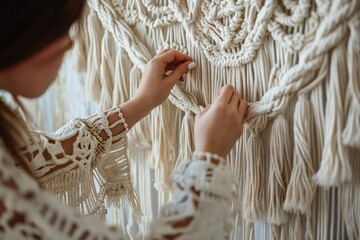 Focused artisan carefully knotting and creating a macramé wall hanging, demonstrating the intricate art of textile knotting..
