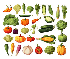 Sticker - Realistic vegetables cartoon bundle. Vector assets, carrot, cabbage, pepper, pumpkin, onion, corn, zucchini, garlic, parsley, peas, and chinese cabbage, splendid vector illustration isolated on white