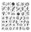Rocker tattoo stylized icons bundle. American old school art, hand drawn doodle graphics, rockabilly, lightning, sun, moon, thunder, stars, symbols. Black color vector signs isolated on white