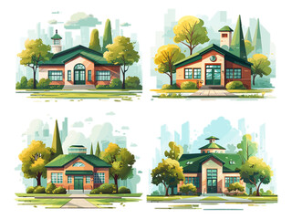 Wall Mural - School buildings with trees and lawns set. Modern educational houses with an urban landscape. Study object, children education of elementary, vector illustration set isolated on white background