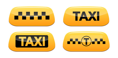 Wall Mural - Taxi service icon set. Taxi car roof lamp. Yellow signs of transport elements isolated on white background. Vector ESP10