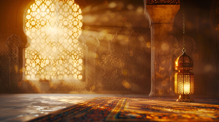 Wall Mural - Ramadan card, lantern illuminates prayer room with space for text