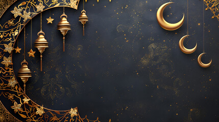 Wall Mural - Ramadan kopi space banner on a black background depicting a golden crescent with space for text