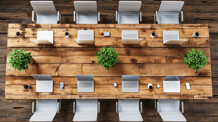 Wall Mural - Aerial view of a modern wooden office table with white chairs and laptops. Generative AI