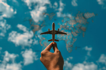 The hand with a airplane on the blue sky background. hand holding airplane model in front of cloudy sky background. air transportation concept. Airplane model in hand