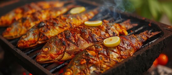 Canvas Print - Cooking delicious fresh seafood on a hot outdoor grill during summer barbecue party