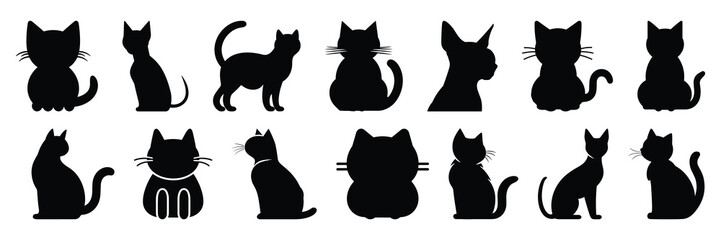 Wall Mural - Cat silhouettes set, large pack of vector silhouette design, isolated white background