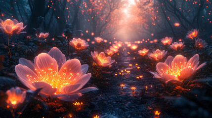 Wall Mural - Luminous flowers in fantasy forest close-up, glowing plants in fairy tale woods at night, beautiful magical bloom and lights. Concept of wonderland, path, ancient nature, mystery