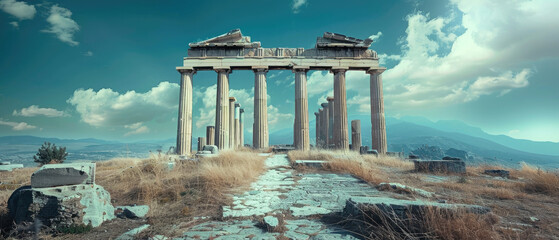 Poster - Ancient temple om mountain top in Greece, view of Greek ruins on blue sky background, landscape with old historical building and rocks. Theme of civilization, travel and culture