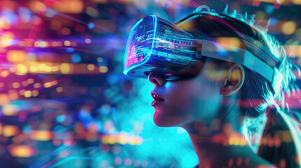 Canvas Print - Girl uses metaverse headset on abstract background, portrait of young woman in VR glasses. Concept of technology, virtual reality, cyberpunk, digital future