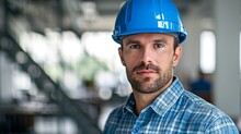Architect In Blue Hardhat Planning In Modern Office Generative AI