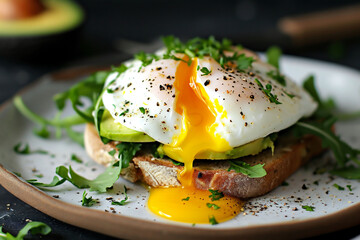 a beautifully plated poached egg on avocado toast, garnished with herbs, set against a dark backgrou