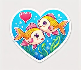 two golden fish with pink interiors swimming in a heart-shaped sticker. The background is a gradient of blue and white. There are also bubbles and seaweed elements in the sticker.