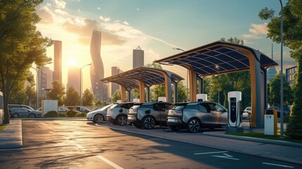 An aerial view of a car charging station in a parking lot, combining urban design, landscape, and sustainable transportation AIG41