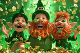 Fototapeta Dinusie - Three leprechauns with a bag of gold coins on green background. St. Patrick's Day.