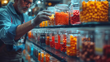 Man Browsing Candy Jars In Retail Store For Sweet Treats
