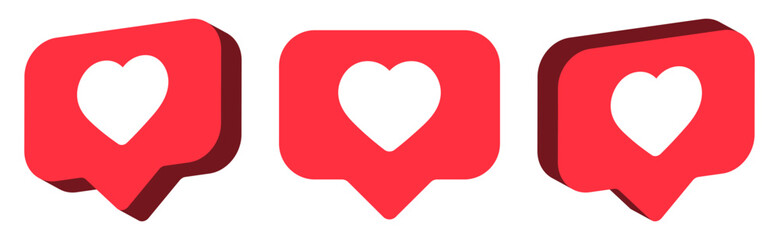 Leinwandbilder - Heart in 3d speech bubble icon background. like heart social media notification icons 3d modern, love like chat bubbles social network post reactions - favorite hearts, 3d rendering, 3d illustration