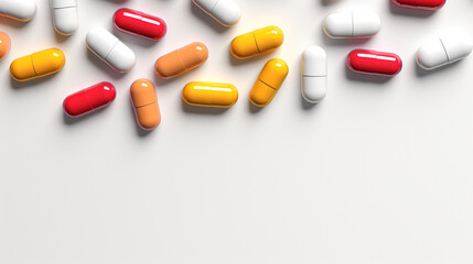 Wall Mural - Colorful pills on white background with copy space