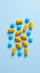 Wall Mural - Yellow and blue pills on blue background. Top view with copy space