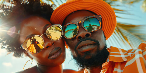 Wall Mural - A man and a woman wearing sunglasses and hats