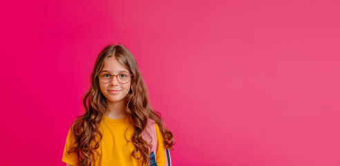 Schoolgirl girl in glasses on a pink background look at the camera. Banner with place for test. End of school, start of vacation. Start of school. Back to school. Bright clothes on girl.