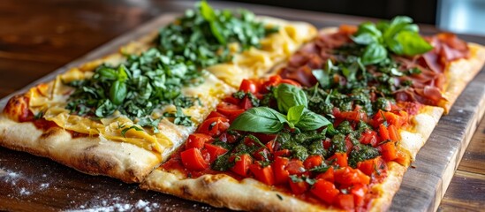Wall Mural - Delicious homemade pizza with fresh tomatoes, melted cheese, and aromatic basil leaves