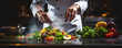 Chef cooking vegetable plate in kitchen. Hands of chef close up preparing health food.