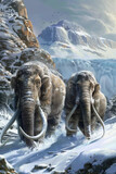 Fototapeta Kosmos - Woolly mammoths, prehistoric animals in frozen ice age landscape. Ice age megafauna.