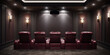 A home theater with red leather chairs and a large screen in the dark.