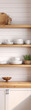 Kitchen shelves with white dishes and bowls, wooden cutting boards and a plant