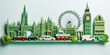 3D rendering of a paper cut out of the London skyline with Big Ben, the London Eye and double-decker buses.