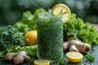 Refreshingly green and packed with superfoods, this vegan drink features tangy citrus slices and zesty ginger for a nourishing blend of natural ingredients