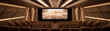 Modern empty cinema auditorium interior with brown leather seats and golden walls