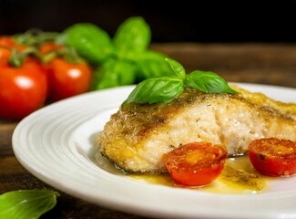 Baked fish steak closeup isolated on wooden table