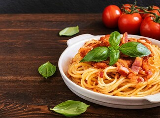 Canvas Print - Spaghetti plate with Amatriciana sauce isolated on wooden background with copy space