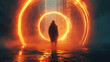 © Natalya - Lone person walks to fire spatial portal in dark city, time traveler on urban background. Man on street at night. Concept of travel, people, science, future.