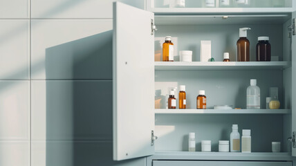 Open medicine cabinet with various products